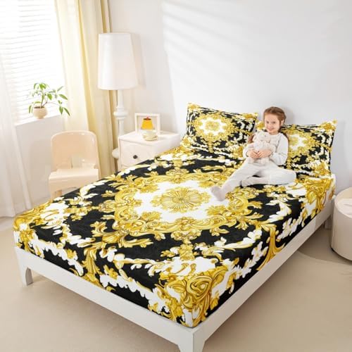 Bohemian Floral Queen Fitted Sheet Set with 2 Pillow Cases