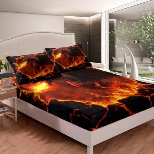 Manfei Black Dragon Queen Fitted Sheet Set with Pillowcases