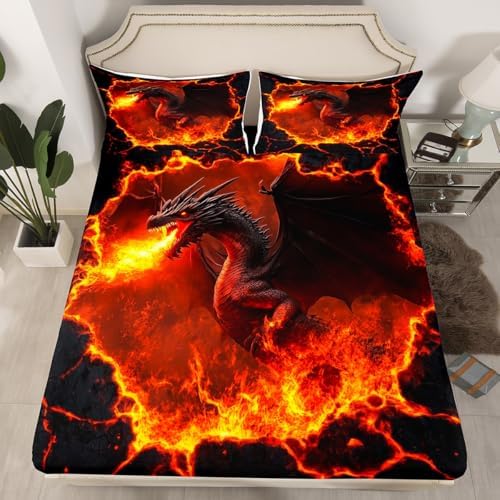 Manfei Black Dragon Queen Fitted Sheet Set with Pillowcases