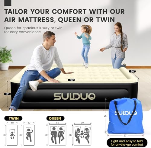 SULDUO Luxury Queen Air Mattress with Built In Pump and Carry Bag