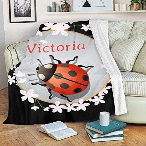 Custom Blanket with Name Text Personalized Ladybug on Pink Flower Throw
