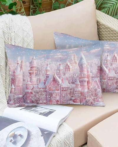 Waterproof Pillow Protector 2 Pack Dreamy Pink Xmas Town Trees