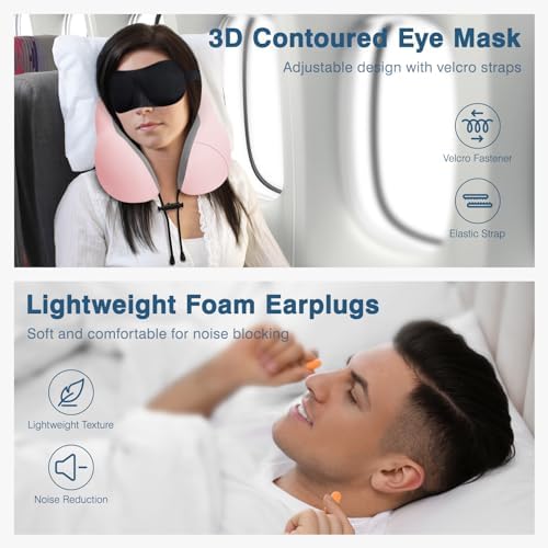 Urnexttour Travel Pillow Set with Eye Mask and Earplugs Cooling Pink