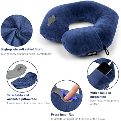 Rewondah Inflatable Travel Pillow with Soft Velour Cover