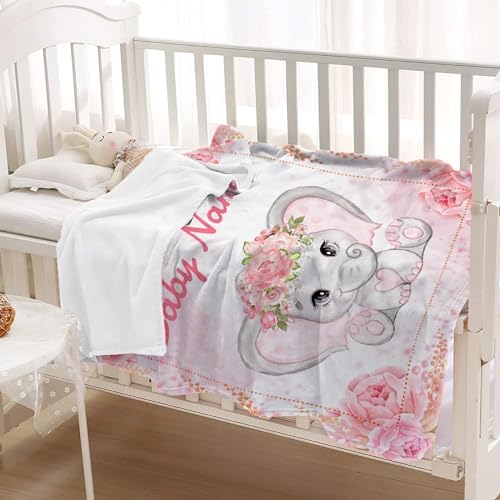 Custom Elephant Blanket with Name for Girls Women Pink Flowers Personalized Throw