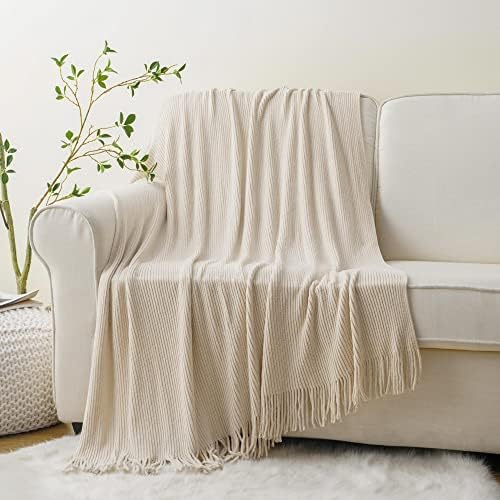 BATTILO HOME Beige Throw Blanket 50x60 Soft Chenille with Tassels