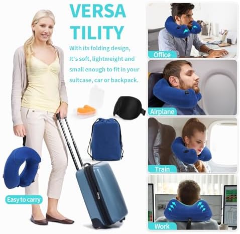 Glyzia Inflatable Neck Pillow with Eye Mask and Earplugs Navy Blue