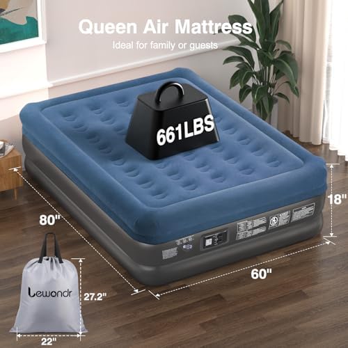 Lewondr Queen Air Mattress with Built in Pump Blue 661lb MAX