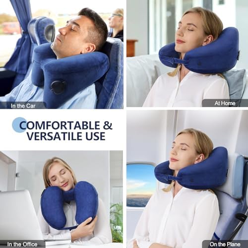 Sunany Inflatable Travel Neck Pillow with Soft Velour Cover