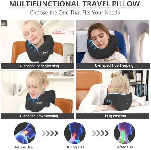 SPUER 2in1 Ergonomic Memory Foam Travel Pillow - Adjustable Black
