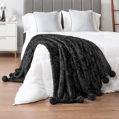 PAVILIA Black Pom Pom Throw Blanket 50x60