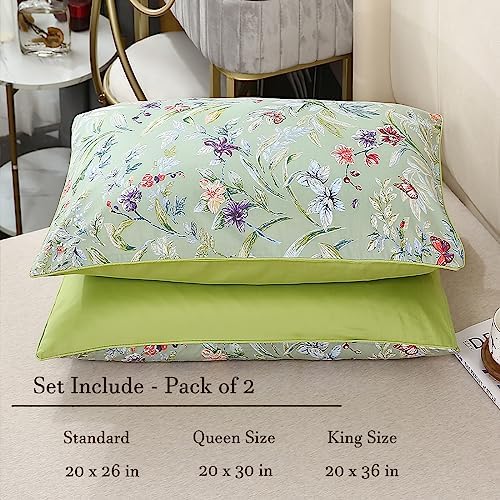 WINLIFE Queen Pillowcases 2 Pack Sage Green Garden Floral Butterflies Printed