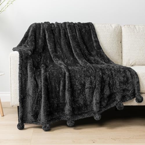 PAVILIA Black Pom Pom Throw Blanket 50x60