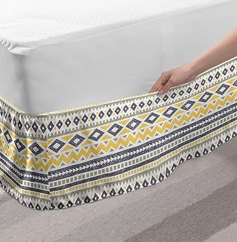 Ambesonne Retro Bedskirt with Wavy Stripes and Geometric Pattern