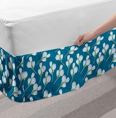 Ambesonne Floral Bedskirt - TwinTwin XL Sea Blue and Pastel Green