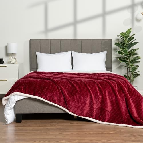 PAVILIA Reversible Maroon Red Sherpa Fleece Throw Blanket 50x60