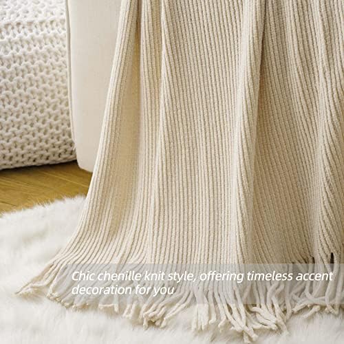BATTILO HOME Beige Throw Blanket 50x60 Soft Chenille with Tassels