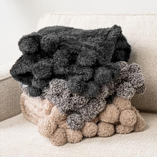 PAVILIA Black Pom Pom Throw Blanket 50x60