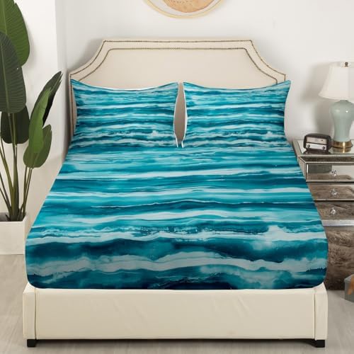 Manfei Modern Simple Blue Stripes Fitted Sheet Set with Pillowcase