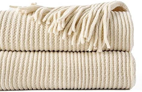 BATTILO HOME Beige Throw Blanket 50x60 Soft Chenille with Tassels