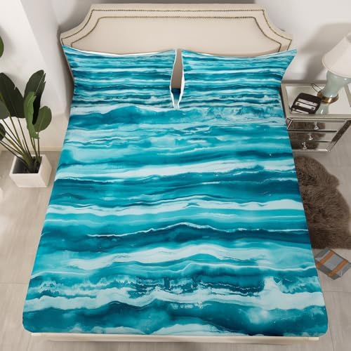 Manfei Modern Simple Blue Stripes Fitted Sheet Set with Pillowcase