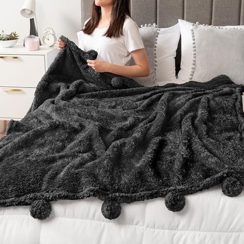 PAVILIA Black Pom Pom Throw Blanket 50x60