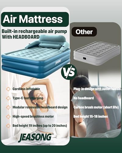 JEASONG Premium Queen Air Mattress with Built-in Pump and Headboard