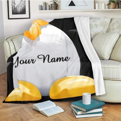 Custom Blanket with Name Text Personalized Penguin Fleece Throw
