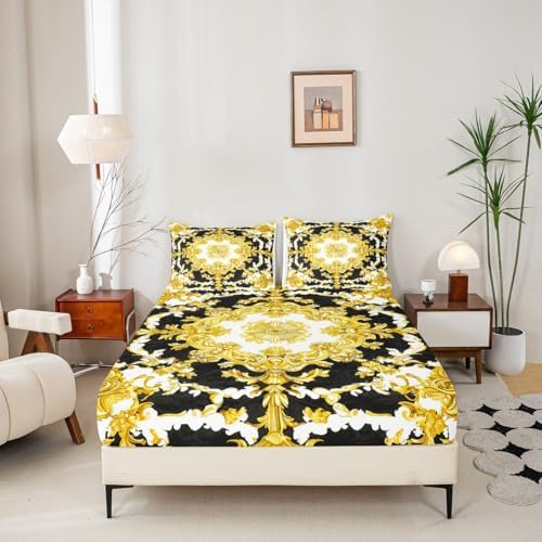 Bohemian Floral Queen Fitted Sheet Set with 2 Pillow Cases