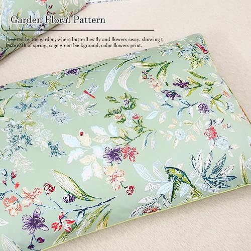 WINLIFE Queen Pillowcases 2 Pack Sage Green Garden Floral Butterflies Printed