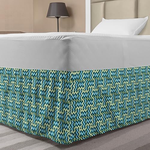 Ambesonne Abstract Bedskirt with Wavy Swirls Pale Green Blue