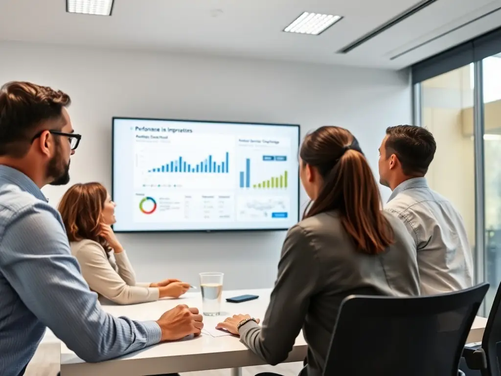 A team of consultants is analyzing operational data on a large screen, focusing on identifying bottlenecks and areas for improvement.