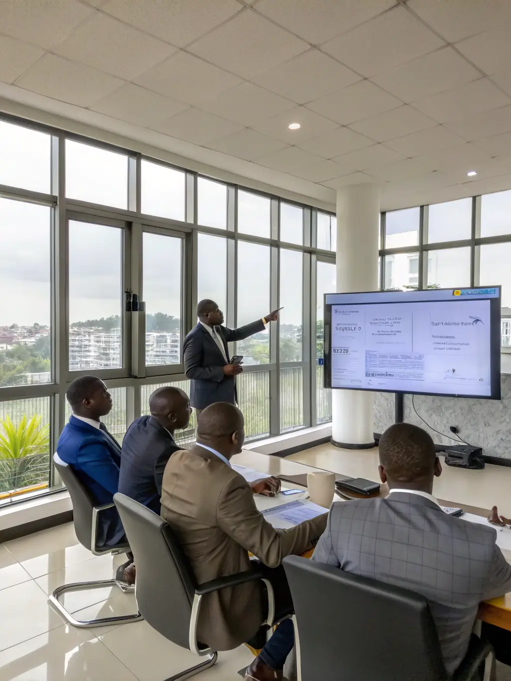 A consultant presenting a strategic plan to a client in a boardroom, showcasing ZENTHORA LTD's strategic planning expertise.