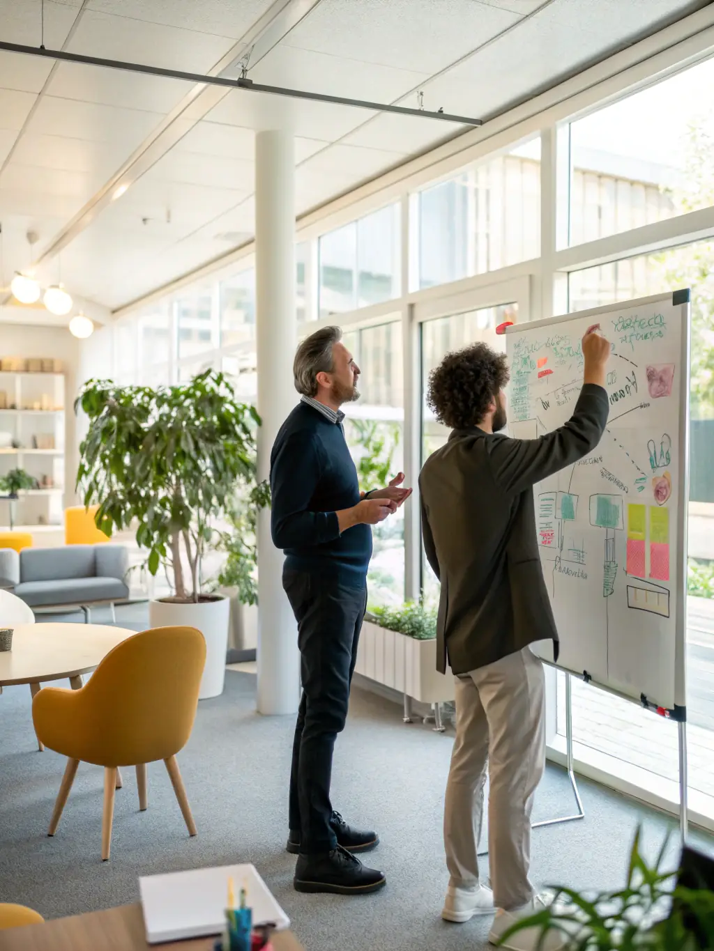 A consultant in a meeting room, pointing at a chart illustrating operational efficiency improvements, representing ZENTHORA LTD's operational optimization services.