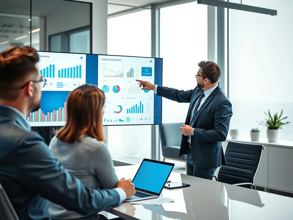 A consultant is presenting a digital transformation strategy on a tablet to a client in a modern office setting, emphasizing the integration of new technologies.