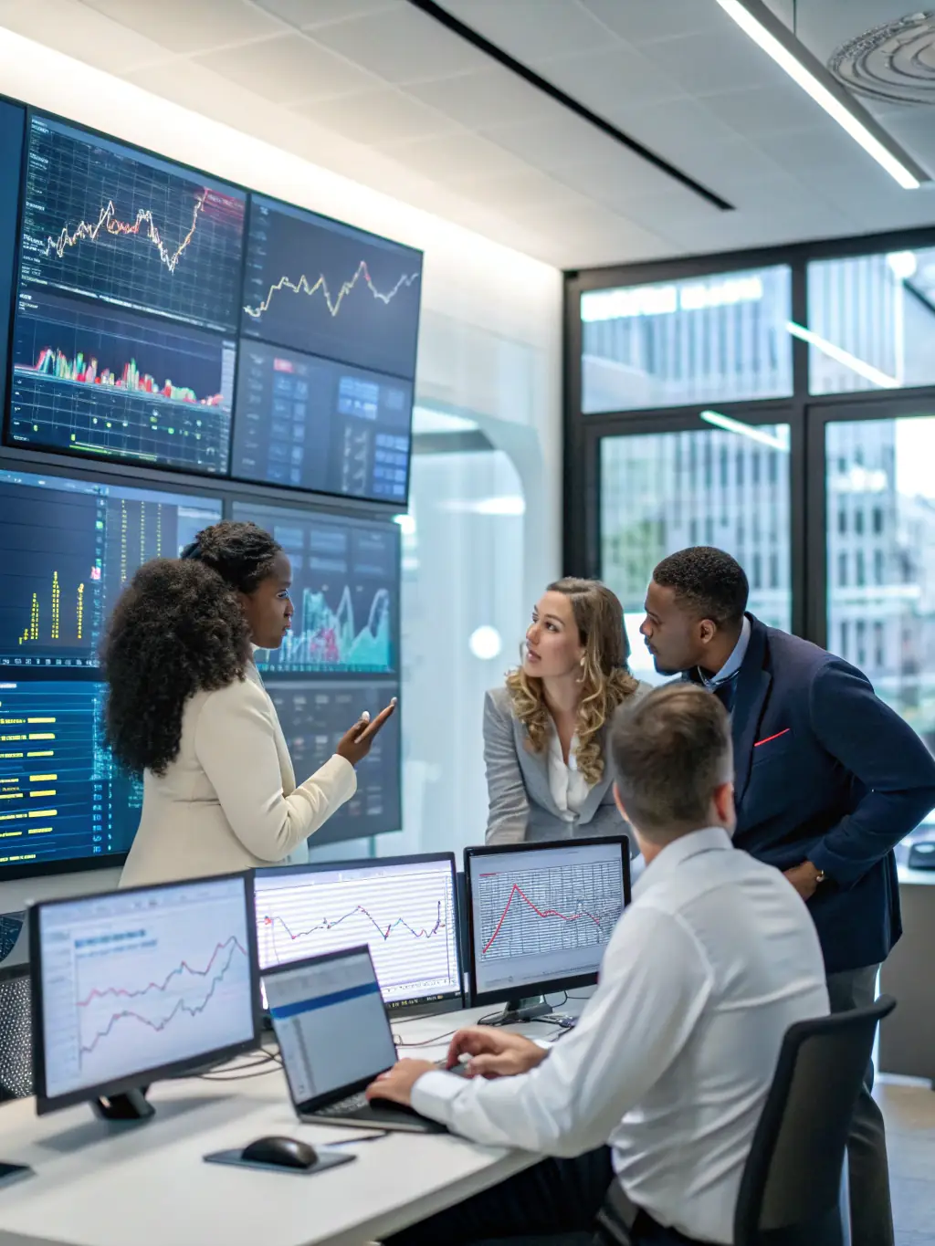 A diverse team of consultants collaborating in a modern office, analyzing data on large screens, symbolizing ZENTHORA LTD's digital transformation consulting services.