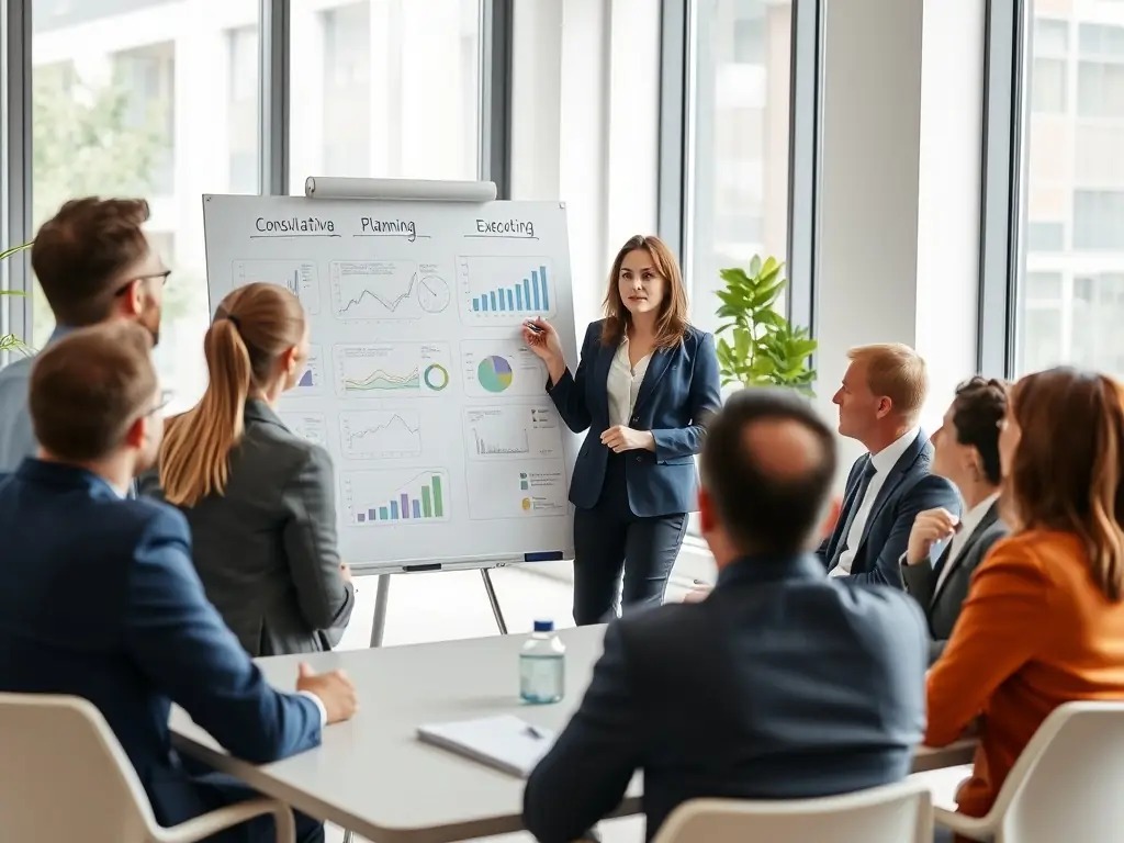 A consultant is leading a strategic planning session with a client team, focusing on long-term growth and market positioning.